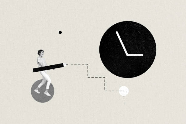 istock Composite collage image of impressed mini black white effect girl arms hold pencil drawing stairs huge wall watch clock isolated on grey background 2185714834