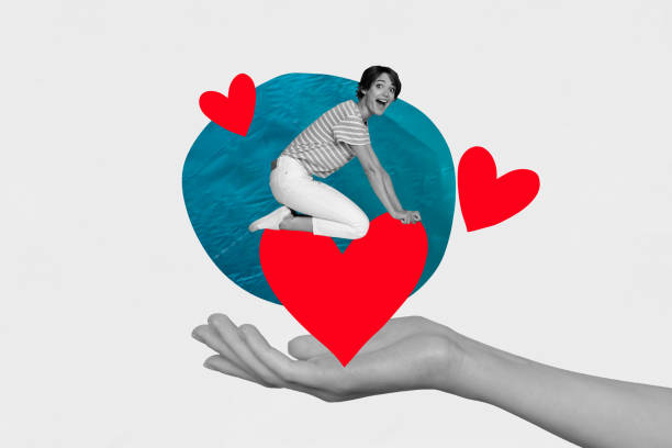 istock Creative abstract template graphics collage image of arm holding excited cheerful lady riding big red heart isolated white color background 2185714905