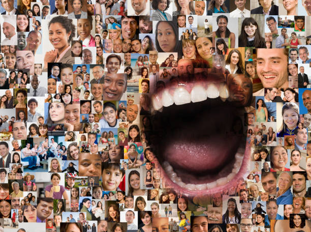 Close-up shots of a diverse group showcasing only their eyes and upper facial features arranged in horizontal stripes.