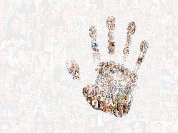 Hand print with group of people behind, white background, Image montage, John M Lund