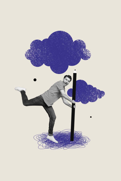 istock Vertical collage of cheerful mini black white effect guy arms hold huge pencil drawing clouds sky isolated on creative background 2185715818