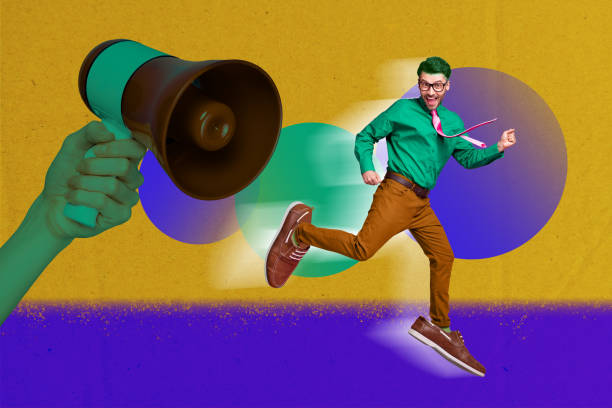 istock Creative abstract template graphics collage image of funny funky guy running toa announcement isolated colorful background 2185715819