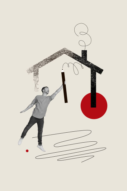 istock Vertical collage image of mini black white effect guy arm hold big pencil draw house building isolated on grey background 2185715821