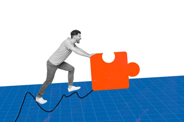 istock Poster picture image of funky strong guy push huge puzzle solve problem trouble isolated drawing background 2185715833