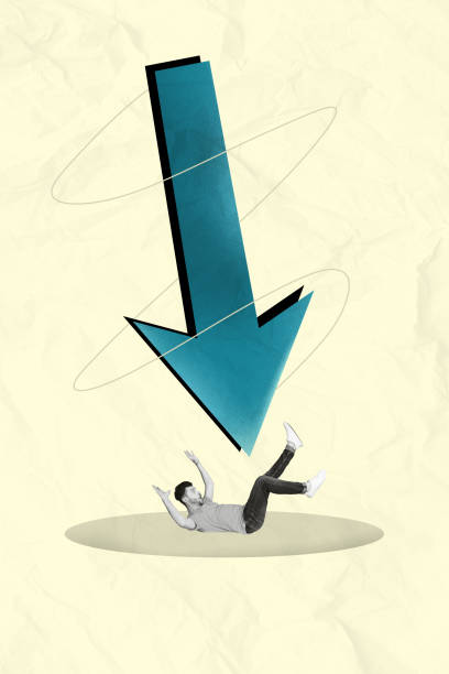 istock Image poster collage of sad afraid scared man lying under huge arrow isolated on drawing background 2185715837