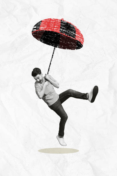 istock Image collage of funky crazy guy hold umbrella falling down isolated on drawing creative background 2185715838