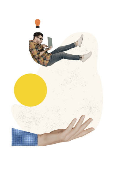 istock Vertical picture artwork collage illustration funny startup product owner flying using laptop has idea eureka isolated on white background 2185715865
