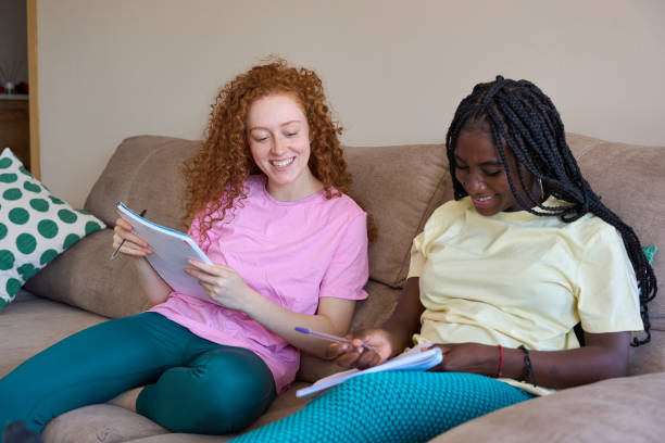 istock Two teenager students studying together on a sofa at home 2185716218