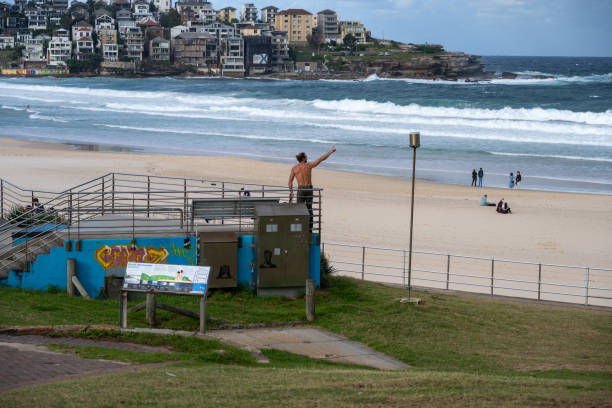 A man enjoys the view at Bondi Beach, with rolling waves, sandy shores, and coastal buildings creating a classic Australian scene.