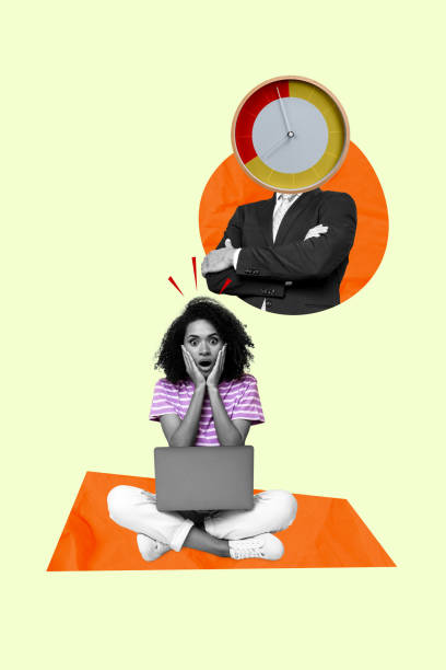 istock Collage image of afraid scared woman confident boss control deadline schedule concept isolated on drawing background 2185717551
