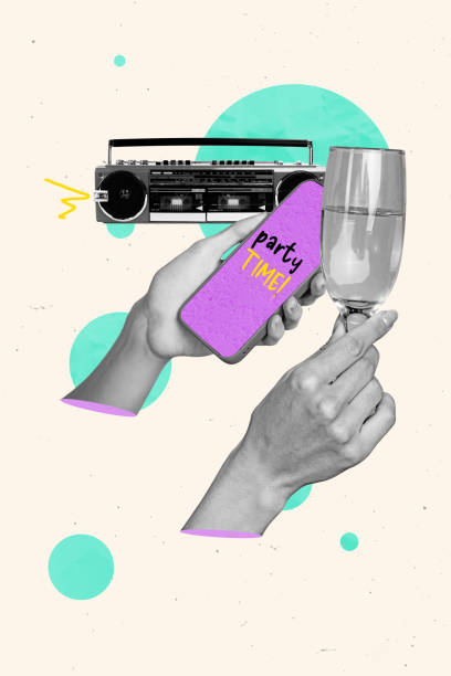 istock Vertical collage of discotheque theme party hand holding smartphone invitation message drinking champagne isolated on beige background 2185717918