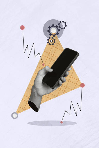 Creative magazine collage of arm chatting apple iphone samsung modern device isolated purple color background