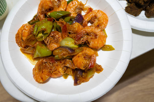 close up view of  devilled prawns plate