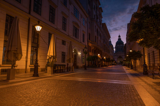 Budapest, Hungary - September 28, 2024: St. Stephen's Basilica night to morning transition.