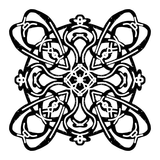 Mandala stained glass Textured black symmetrical element in linocut style. vector element Mandala stained glass Textured black symmetrical element in linocut style. vector element drawing of rosette window stock illustrations