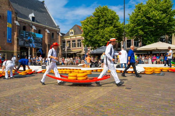 Alkmaar, The Netherlands - July 19, 2024: Carriers walking with cheese at the touristic cheese market in Alkmaar, Netherlands, with tourists in the background