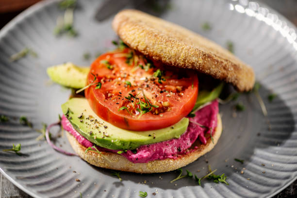 English Muffin with Avocado and Beetroot Hummus