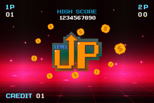 istock LEVEL UP. Retro Futurism Sci-Fi Background. glowing neon grid. and stars from vintage arcade computer games 2185731105