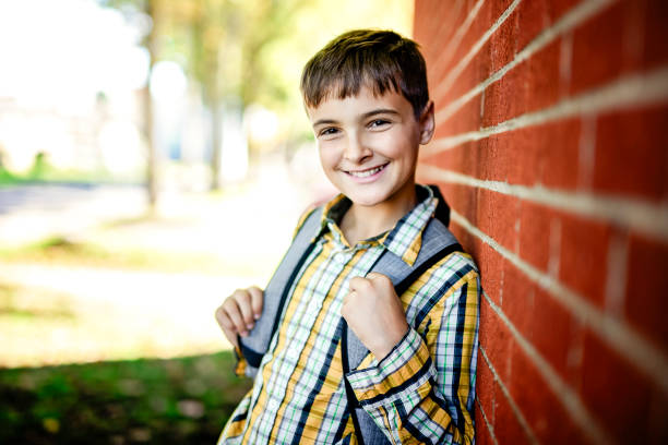 istock Student boy outside at school posing on autumn season 2185736212
