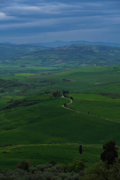 Tuscany fields in springtime, cloudy day mood, Val d'Orca, Pienza region