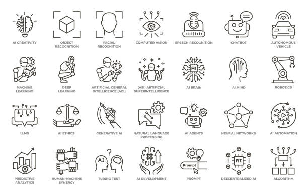 illustrazioni stock, clip art, cartoni animati e icone di tendenza di icone a linea sottile modificabili con intelligenza artificiale. elementi grafici vettoriali della tecnologia ai. machine learning, tecnologia digitale autonoma e generativa, algoritmi. - tecnologia autonoma
