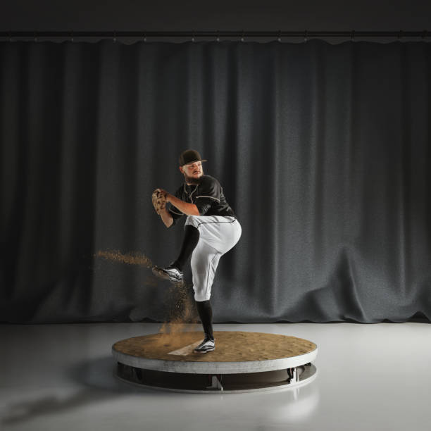 Focused bearded man, professional baseball player in motion in 3D platform, playing baseball with focus and precise, throwing ball. Concept of sport, game, competition, tournament.