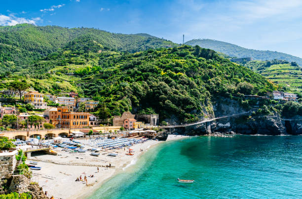 Aerial View of Monterosso Village and Sandy Beach Surrounded by Green Hills in Cinque Terre, Italy. stock photo