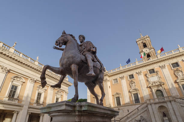 Rome, Italy - October 15, 2024: The replica of the statue of the Emperor of Marcus Aurelius in Piazza del Campidoglio, Rome