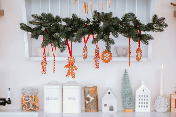 istock Cozy kitchen with festive gingerbread and candy cane decor 2185755532