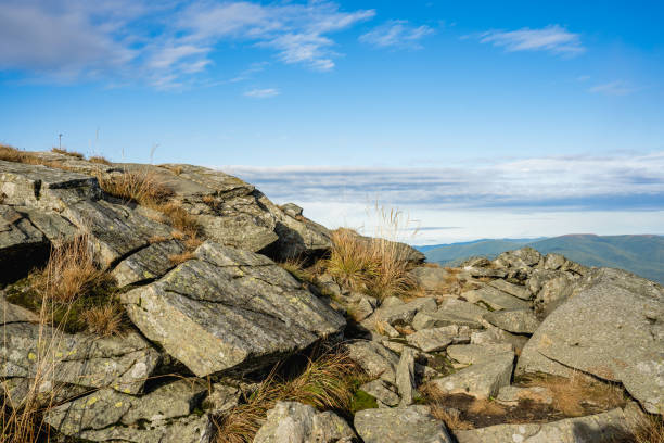 Autumn landscapes in the Bieszczady Mountains with views of Tarnica and Bukowe Berdo under a blue sky and clouds.