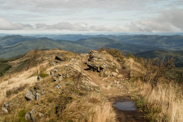 Autumn landscapes in the Bieszczady Mountains with views of Tarnica and Bukowe Berdo under a blue sky and clouds.