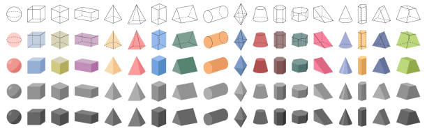 Geometric 3D shapes, solid and contours objects. Vector cube, rectangular and triangular, pentagonal and hexagonal parallelepipeds, truncated and regular cones and pyramids, cylinder and octahedron Geometric 3D shapes, solid and contours objects. Vector cube, rectangular and triangular, pentagonal and hexagonal parallelepipeds, truncated and regular cones and pyramids, cylinder and octahedron rectangular shapes cartoons stock illustrations