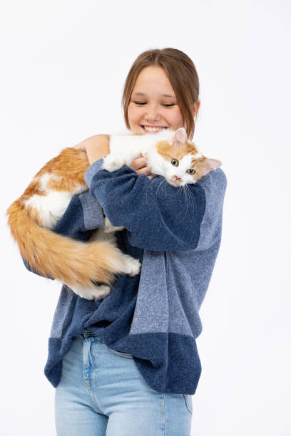 istock A content and happy girl is joyfully posing with her two adorable cats while wearing a cozy sweater 2185761603