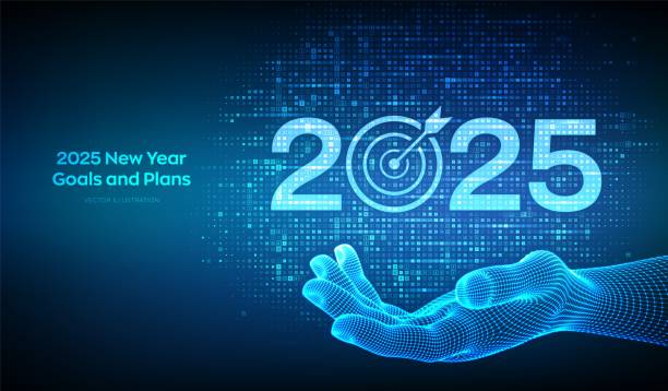 istock 2025 New year Goals and plans. Numbers 2025 made with currency symbols in wireframe hand. New 2025 financial year. Business plan and strategies. Background with currency signs. Vector illustration. 2185763766