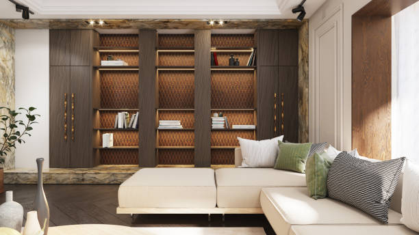 istock Modern living room with elegant shelving and cozy seating. 2185766358