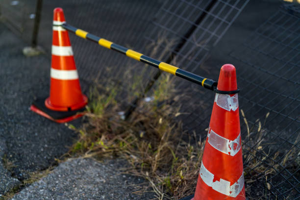 istock Red TRAFFIC CONE and collapsed fences, SAFETY CONE, 2185766414