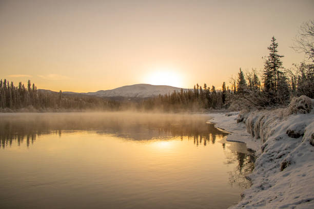 Mist rises off lake and forest at sunrise in winter, Whistler, B.C.