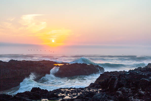 Waves crash onto rocky shoreline at sunset, Oregon