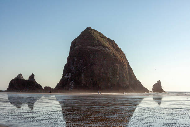 View across sandy beach to island in ocean at sunset, Haystack Rock, Oregon Islands National Wildlife Refuge