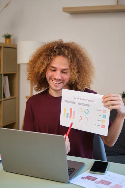 istock Young businessman showing infographic during a video call meeting 2185777814