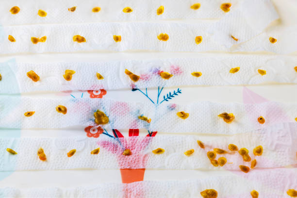 Tomato seeds drying on white paper towels with floral pattern after extraction for planting preparation.