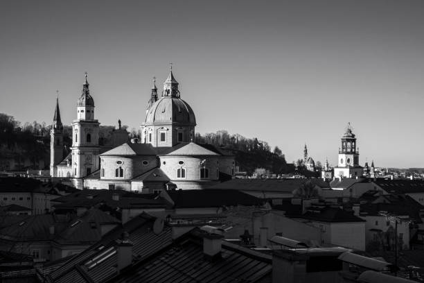 Black and white image of the cathedral in Salzburg, Austria.