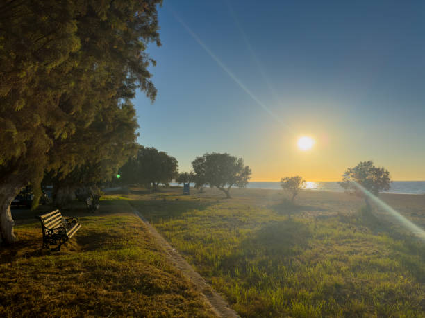 istock Bright Sunset Over the Waterfront With Trees and Benches Along the Shoreline at Dusk 2185794835