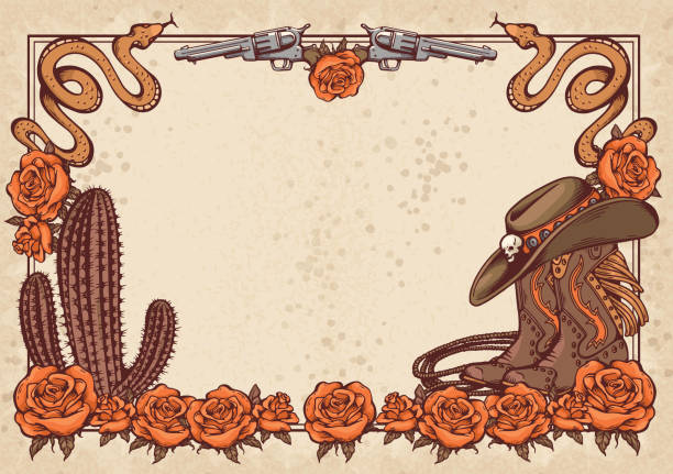 American gothic frame design. Wild west style. Cowboy boots and hat, rose flowers and cactus, snake and revolver. Vintage Western grunge border background