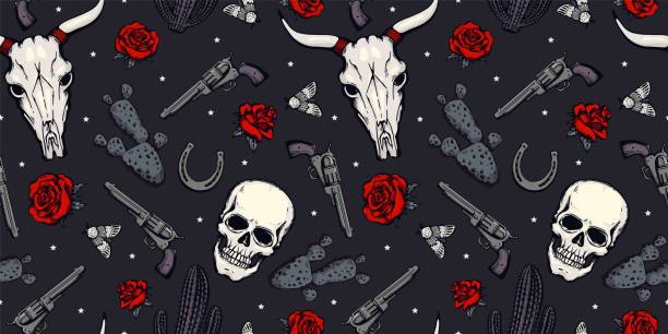 Seamless pattern with human and cow skulls with horns, revolvers, roses and cacti. Western-style vector graphics featuring bones and flowers for retro prints.