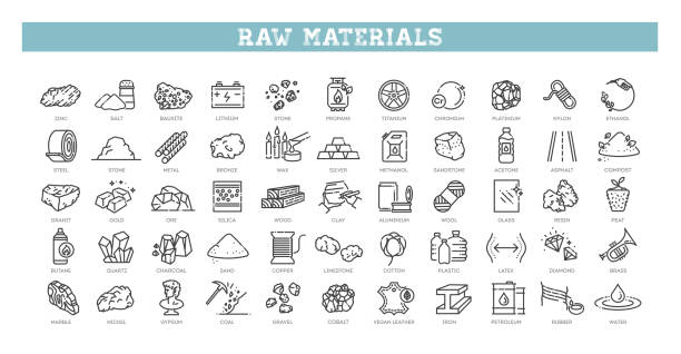 Raw materials icon set. Critical mineral resource outline icons Raw materials icon set. Critical mineral resource outline icons rubber rocks stock illustrations