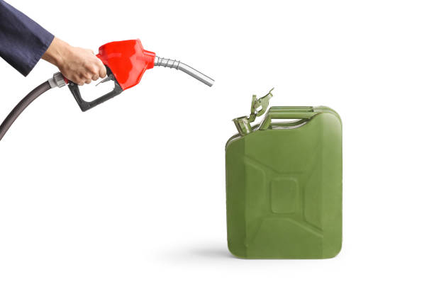 Hand of man holding red plastic gasoline can as if filling up isolated on white background