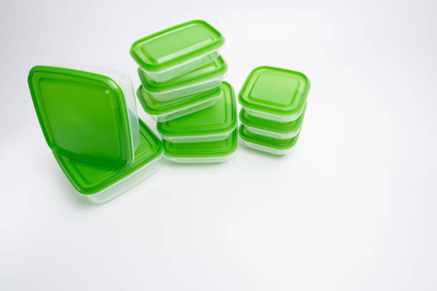 istock Empty plastic food containers on a light background. Organization of space. Sorting products 2185807931