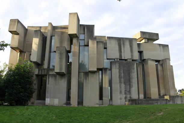 Modern church made of concrete blocks on a hill. Liesing, Vienna, Austria.