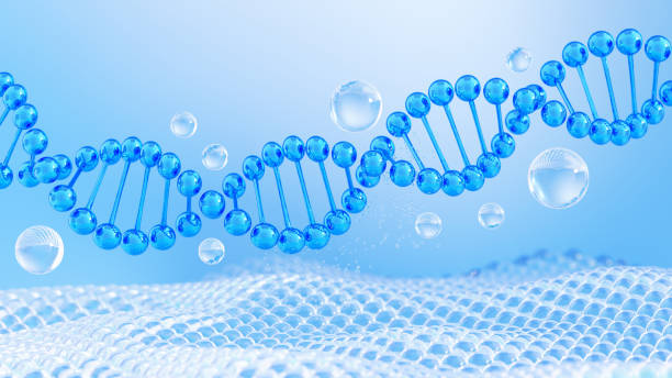 istock Blue DNA Design with Glassy Bubble Texture and Floating Glass Spheres. 3D Rendering 2185824093